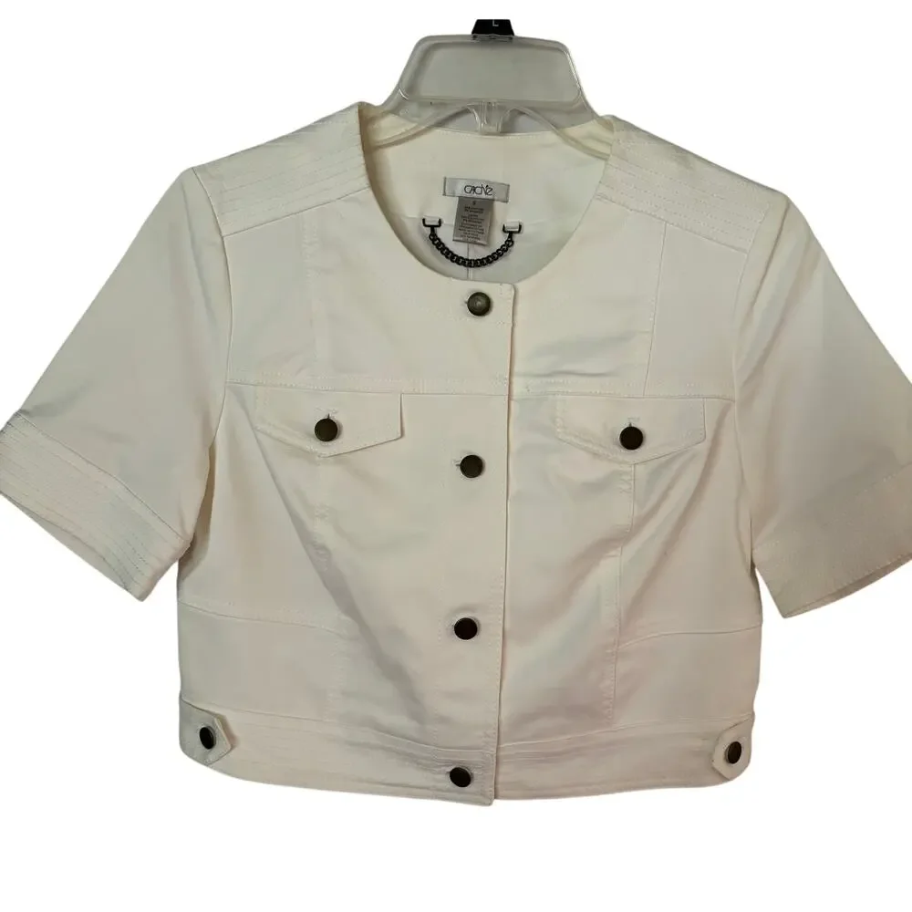 Cache White Cotton Blend Front Button Short Jacket Top Lined Side Tab NWT $118